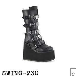 Black Demonia Swing 230 Heart Buckle Platform Boots